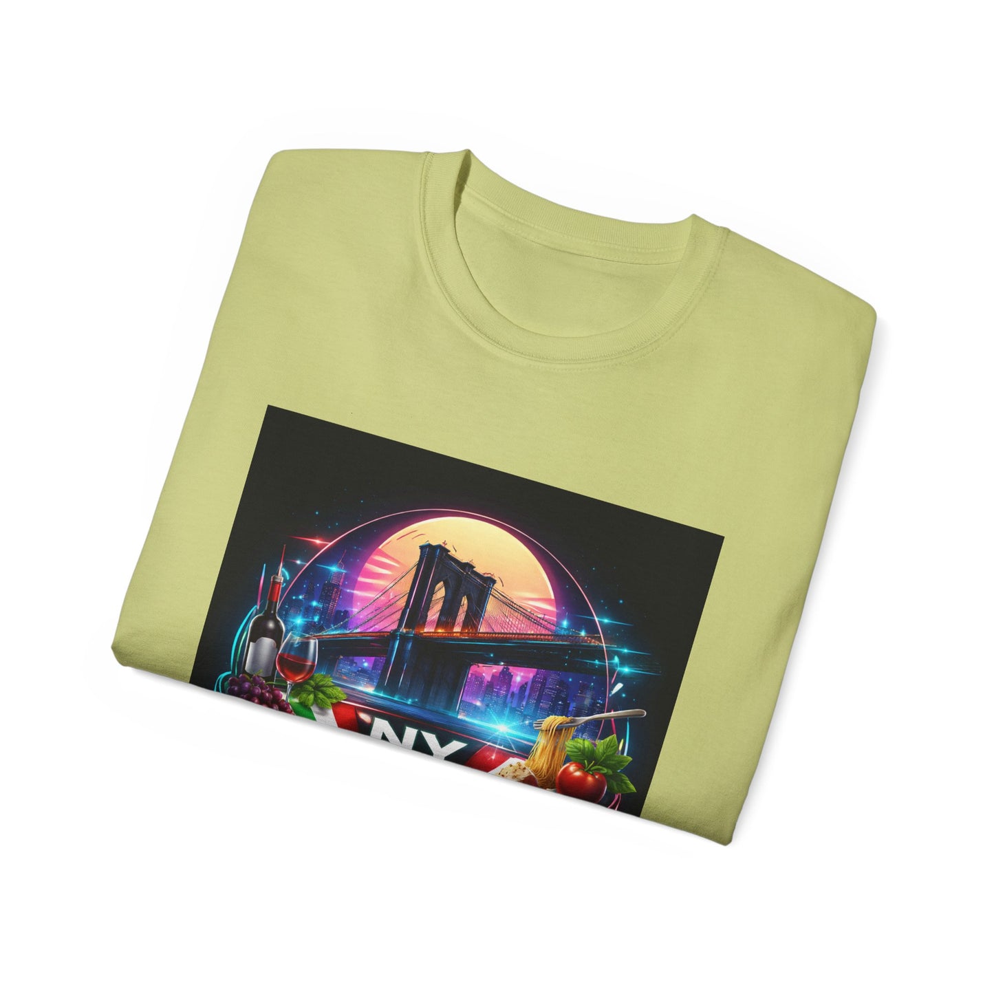 NY Italian Culture T‑Shirt — Retro Neon Brooklyn Bridge Graphic