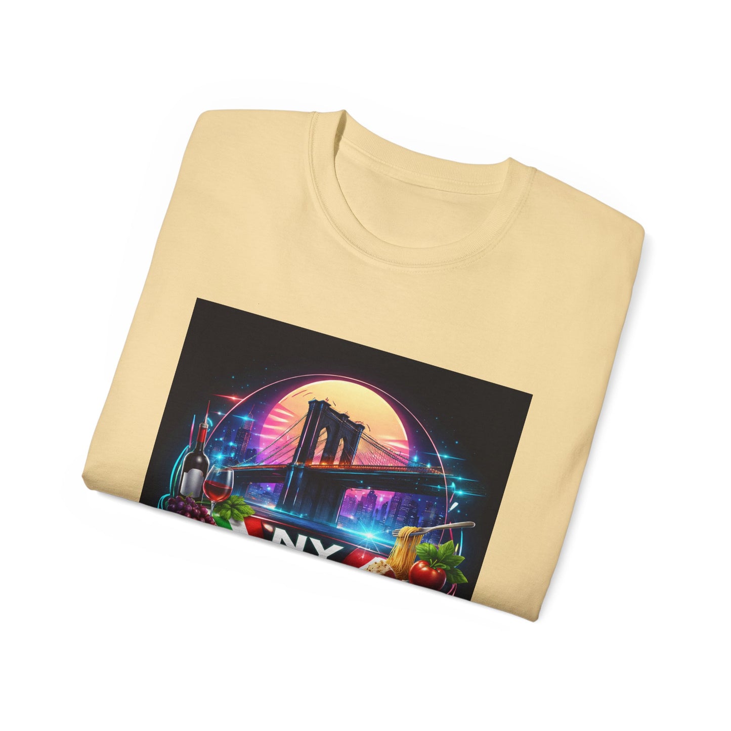 NY Italian Culture T‑Shirt — Retro Neon Brooklyn Bridge Graphic