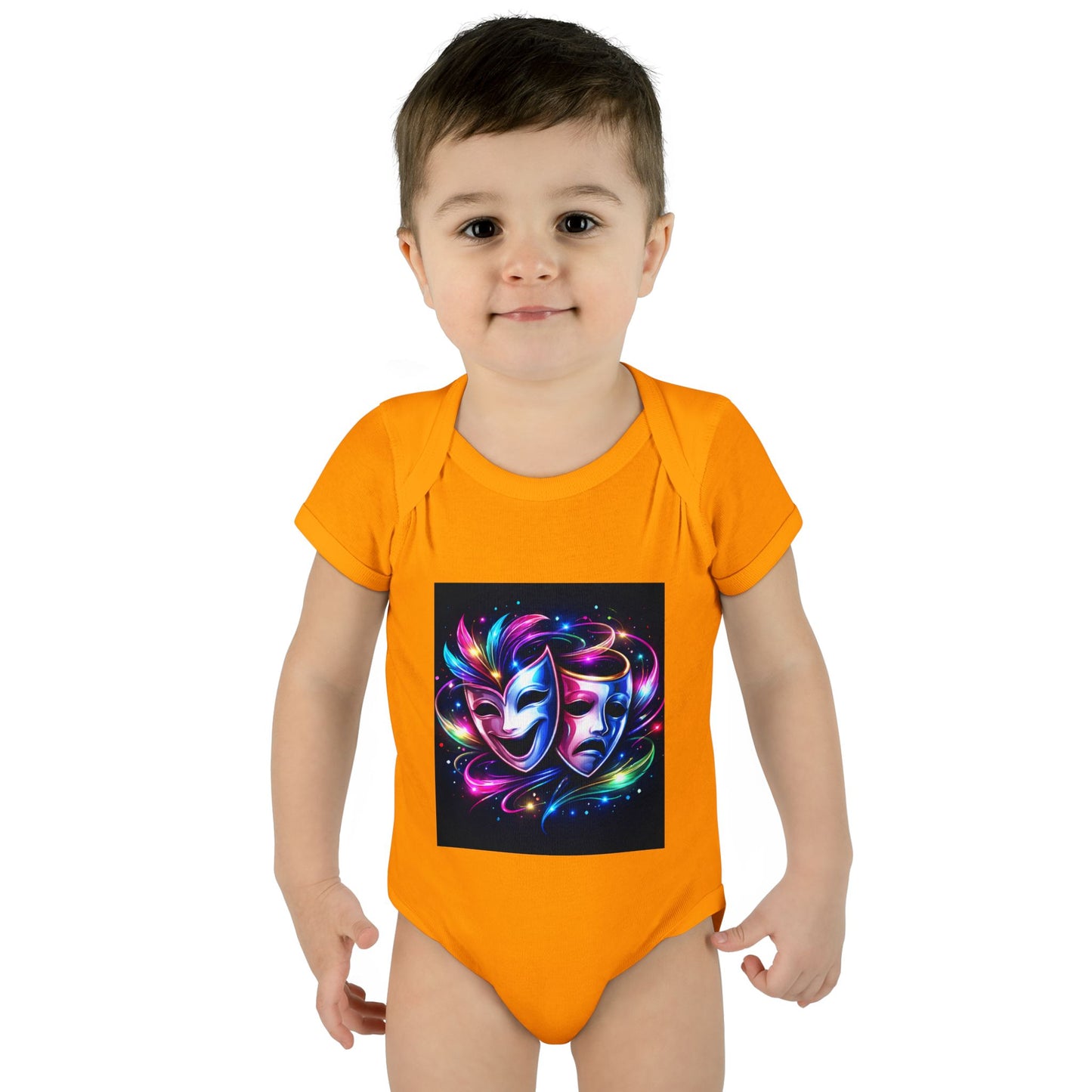 Neon Theatre Masks Infant Bodysuit — Colorful Drama Baby Onesie