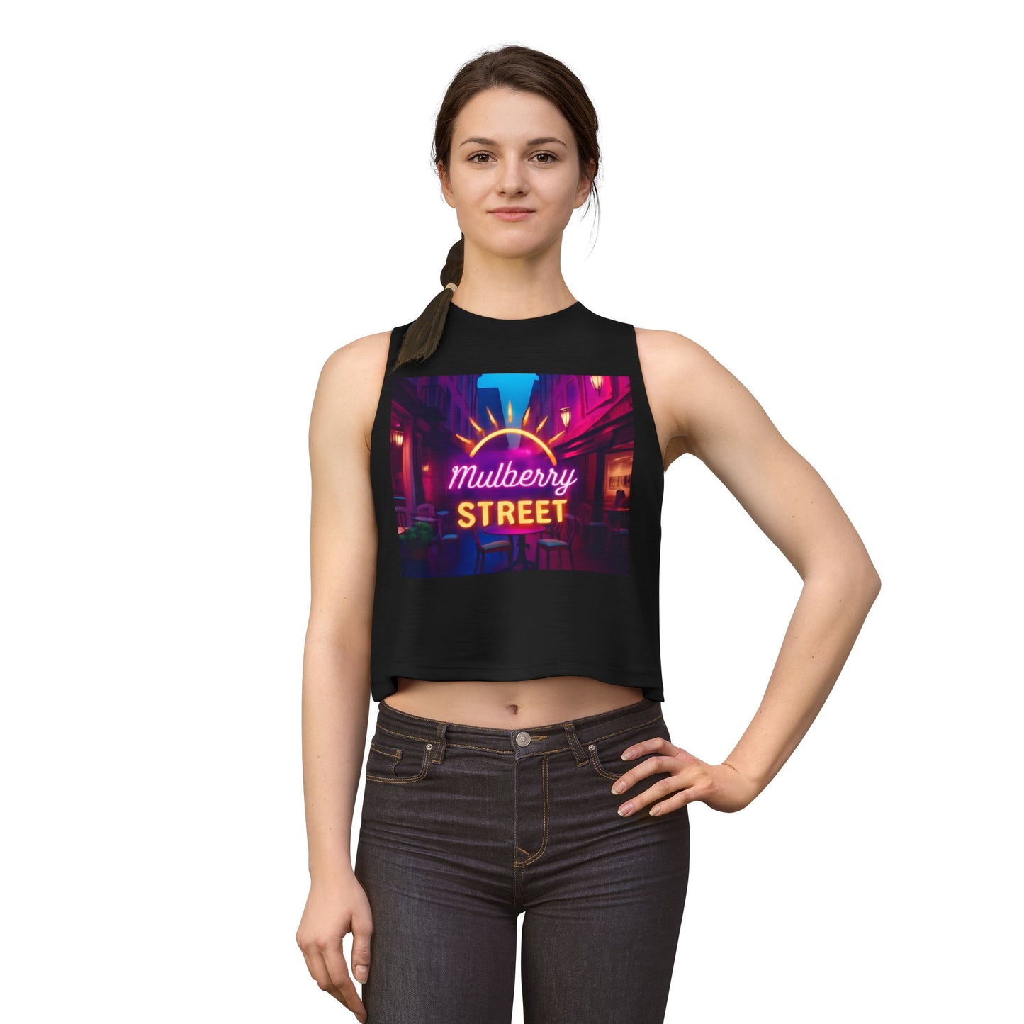 Mulberry Street Neon Crop Top — Vintage Nightlife Graphic Tank