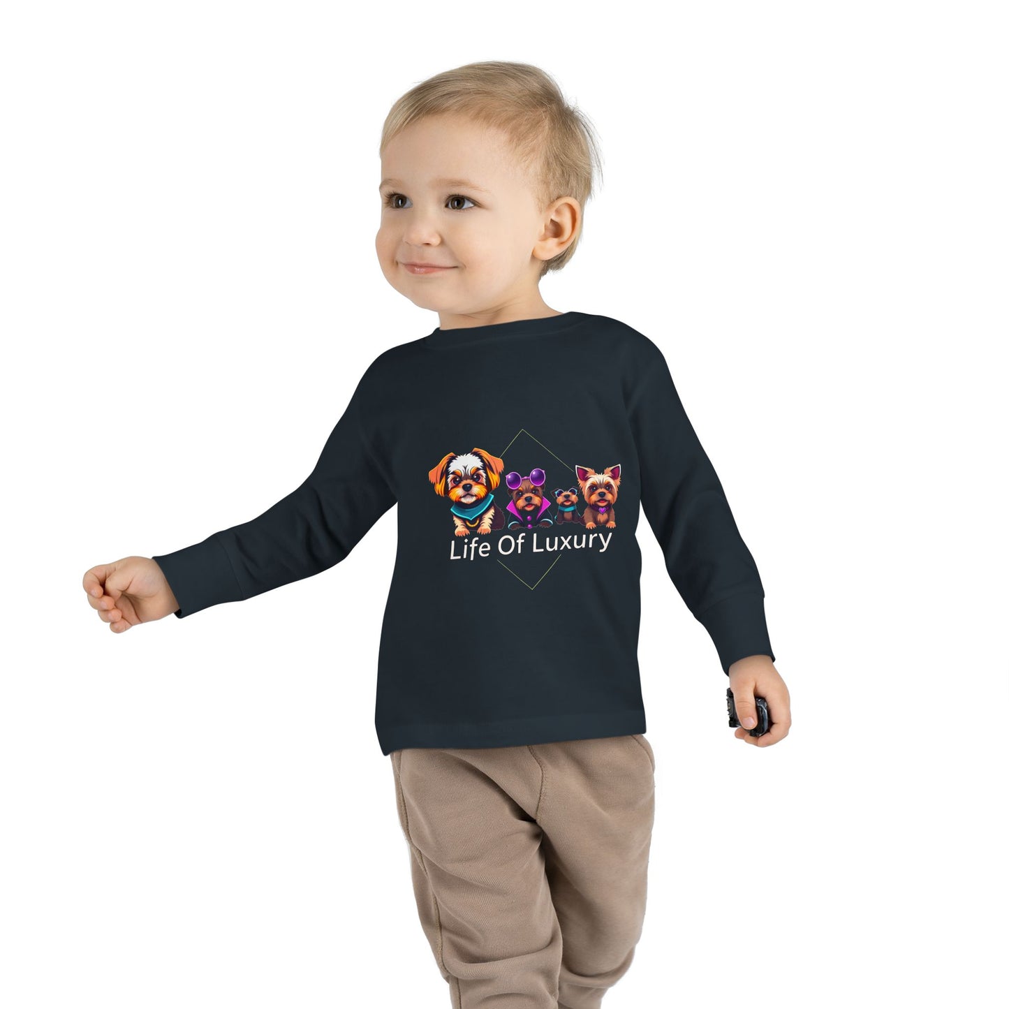 Colorful Toddler Long Sleeve Tee with Fun Dog Design, Life Of Luxury, Cute Pet Shirt, Perfect for Parties, Birthdays, Gift Idea
