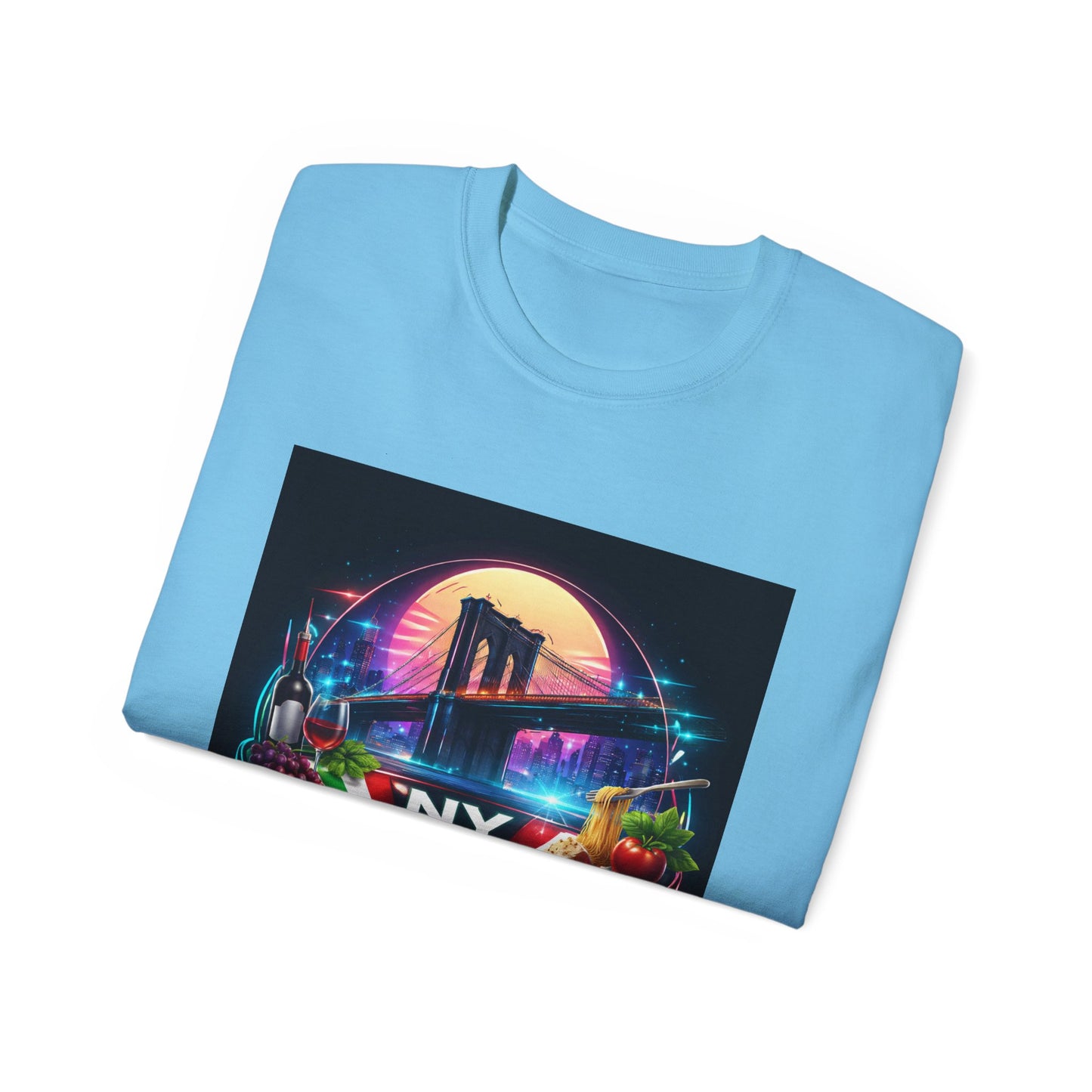 NY Italian Culture T‑Shirt — Retro Neon Brooklyn Bridge Graphic