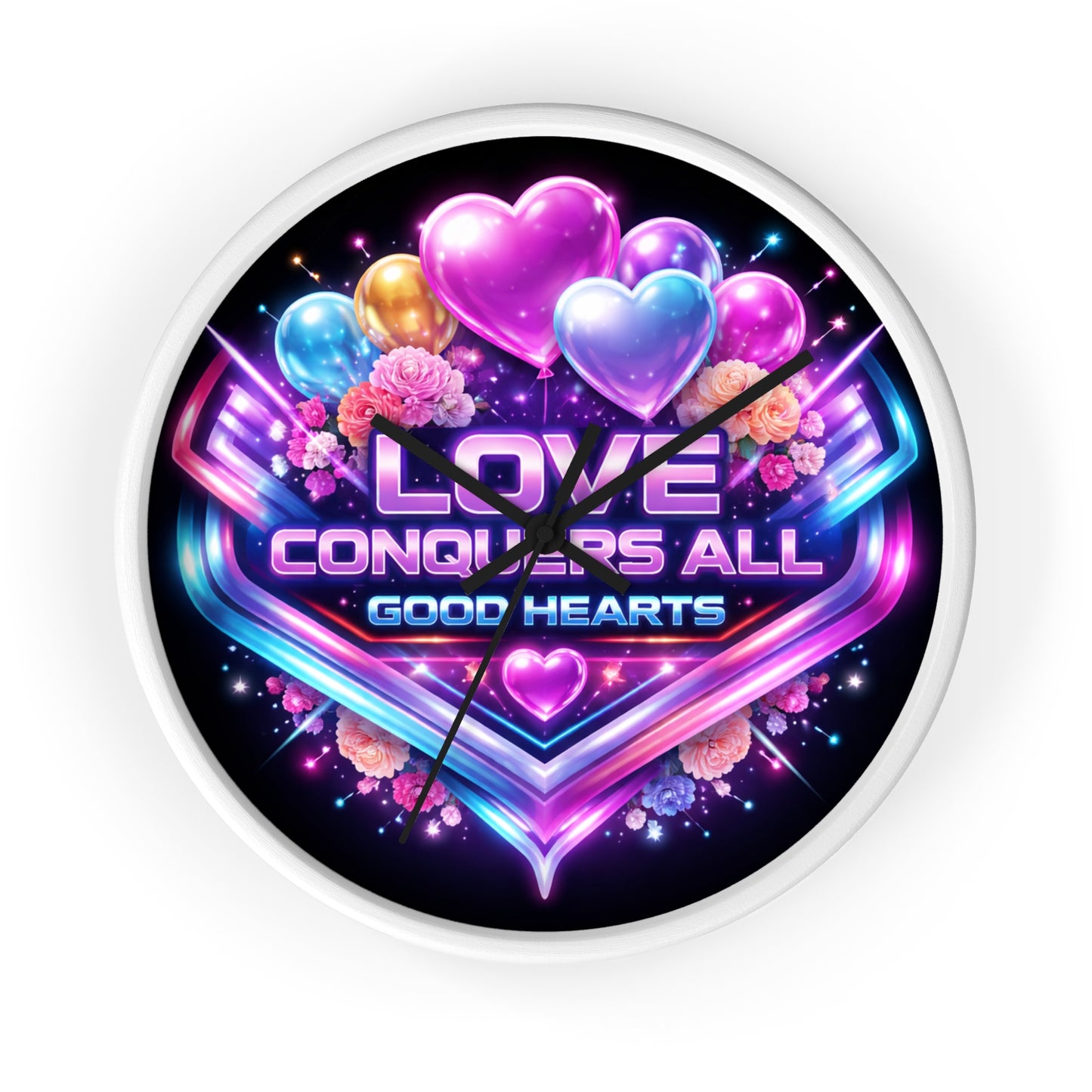 Love Conquers All Wall Clock — Neon Heart Floral Retro Decor