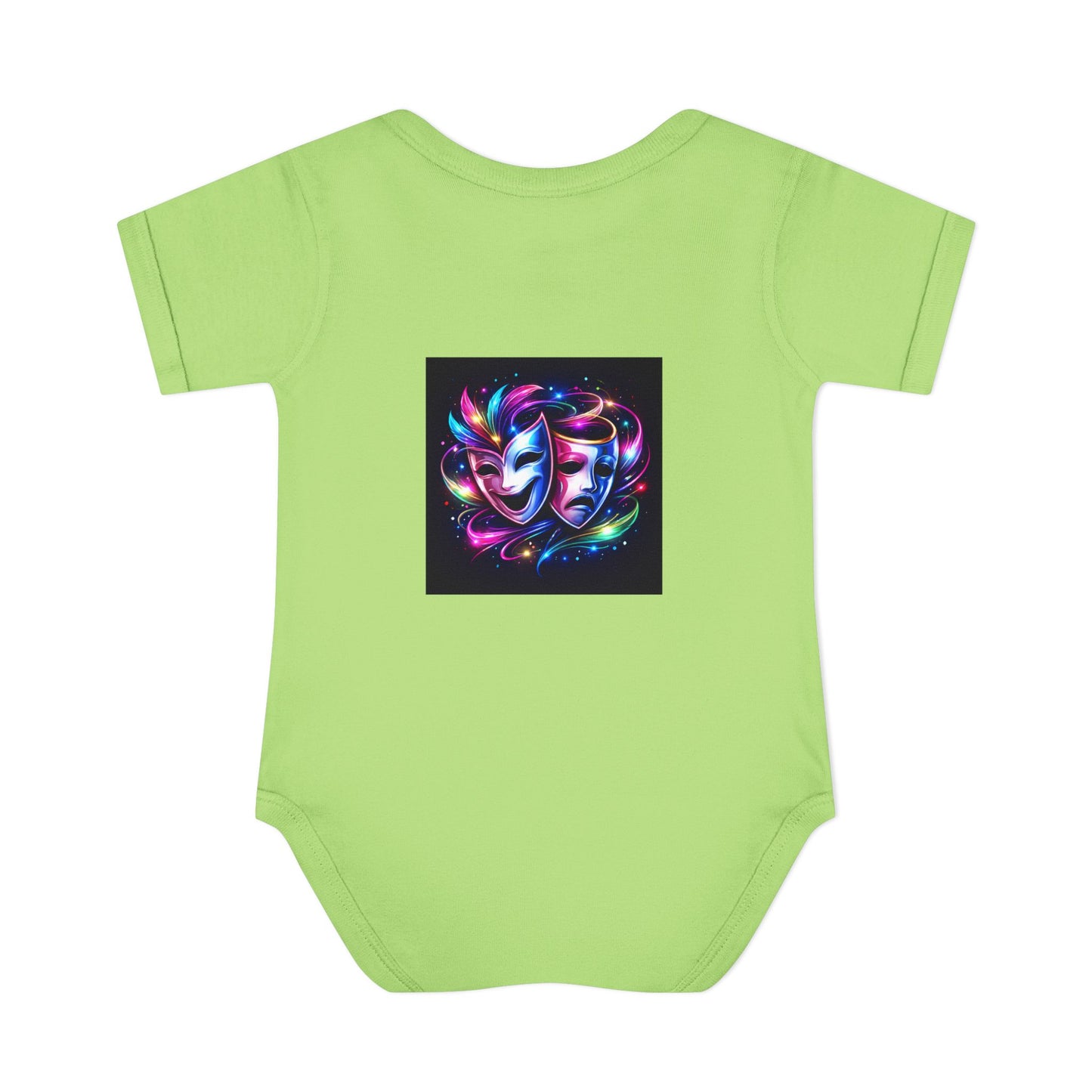 Neon Theatre Masks Infant Bodysuit — Colorful Drama Baby Onesie