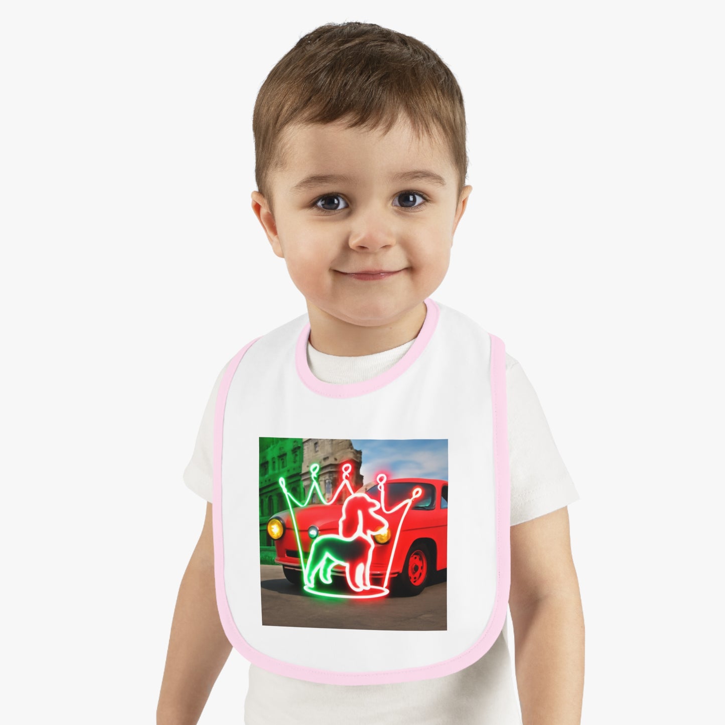 Cute Baby Bib with Neon Dog and Crown Design, Fun Baby Shower Gift, Festive Feeding Bib, Adorable Toddler Accessory, Baby Feeding Essentials