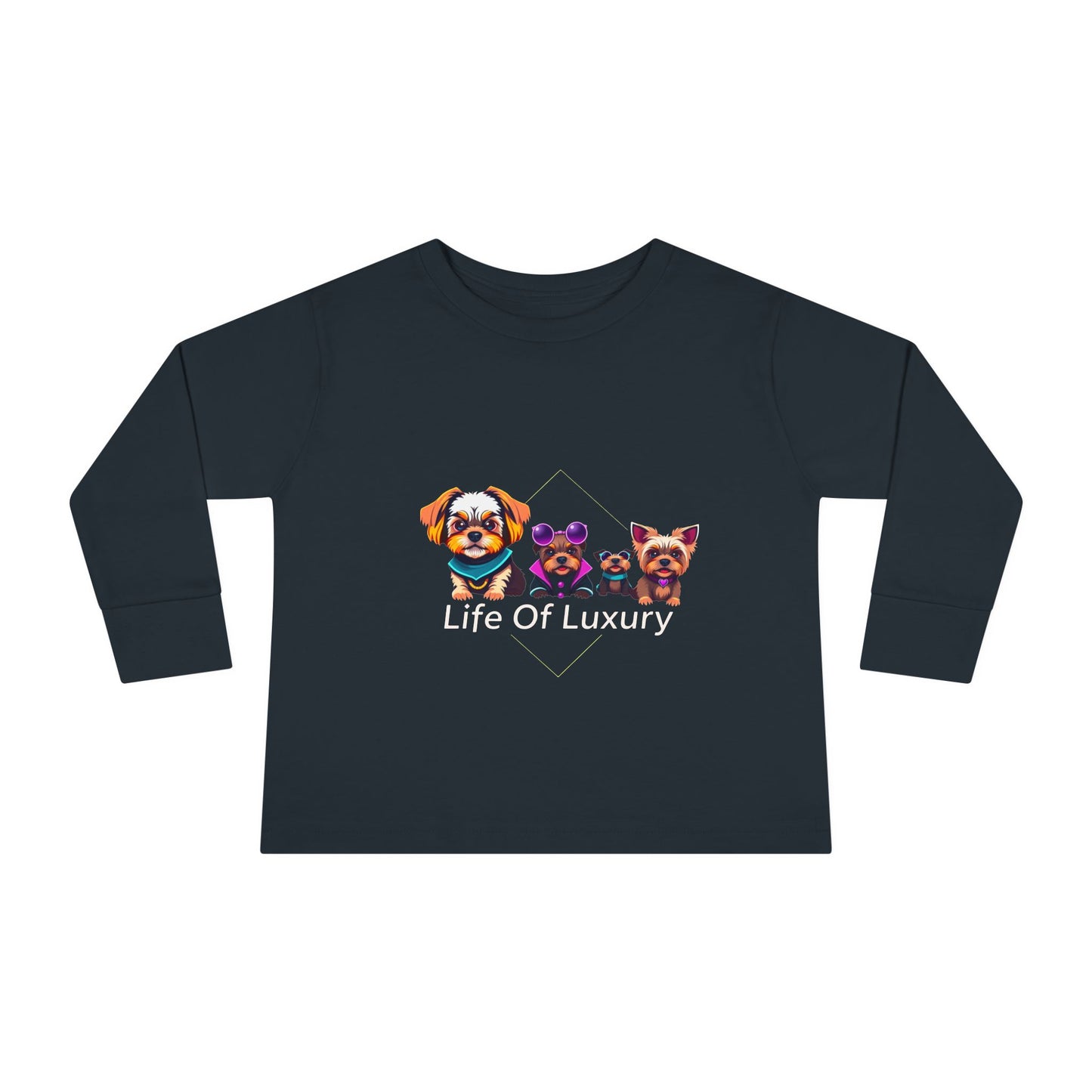Colorful Toddler Long Sleeve Tee with Fun Dog Design, Life Of Luxury, Cute Pet Shirt, Perfect for Parties, Birthdays, Gift Idea