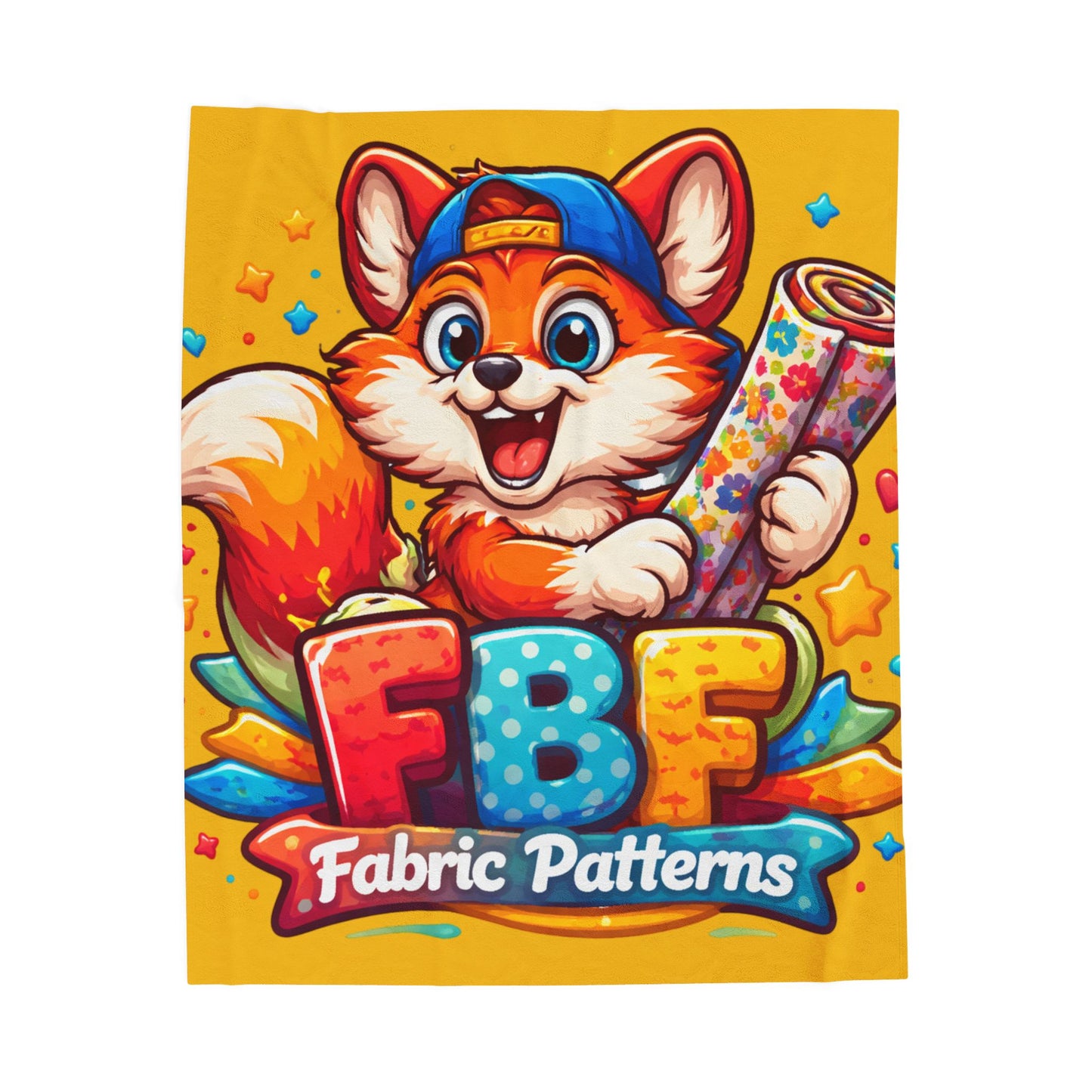 Foxy Fabric Patterns Velveteen Plush Blanket — Cute Cartoon Fox with 'FBF Fabric Patterns' Design