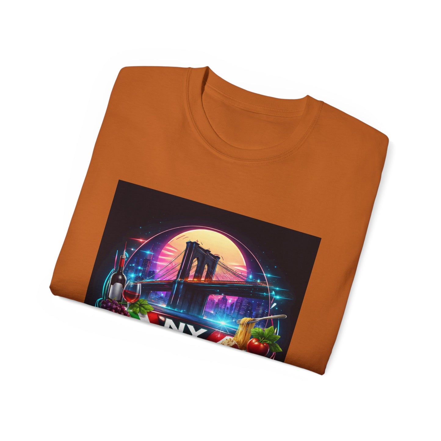 NY Italian Culture T‑Shirt — Retro Neon Brooklyn Bridge Graphic