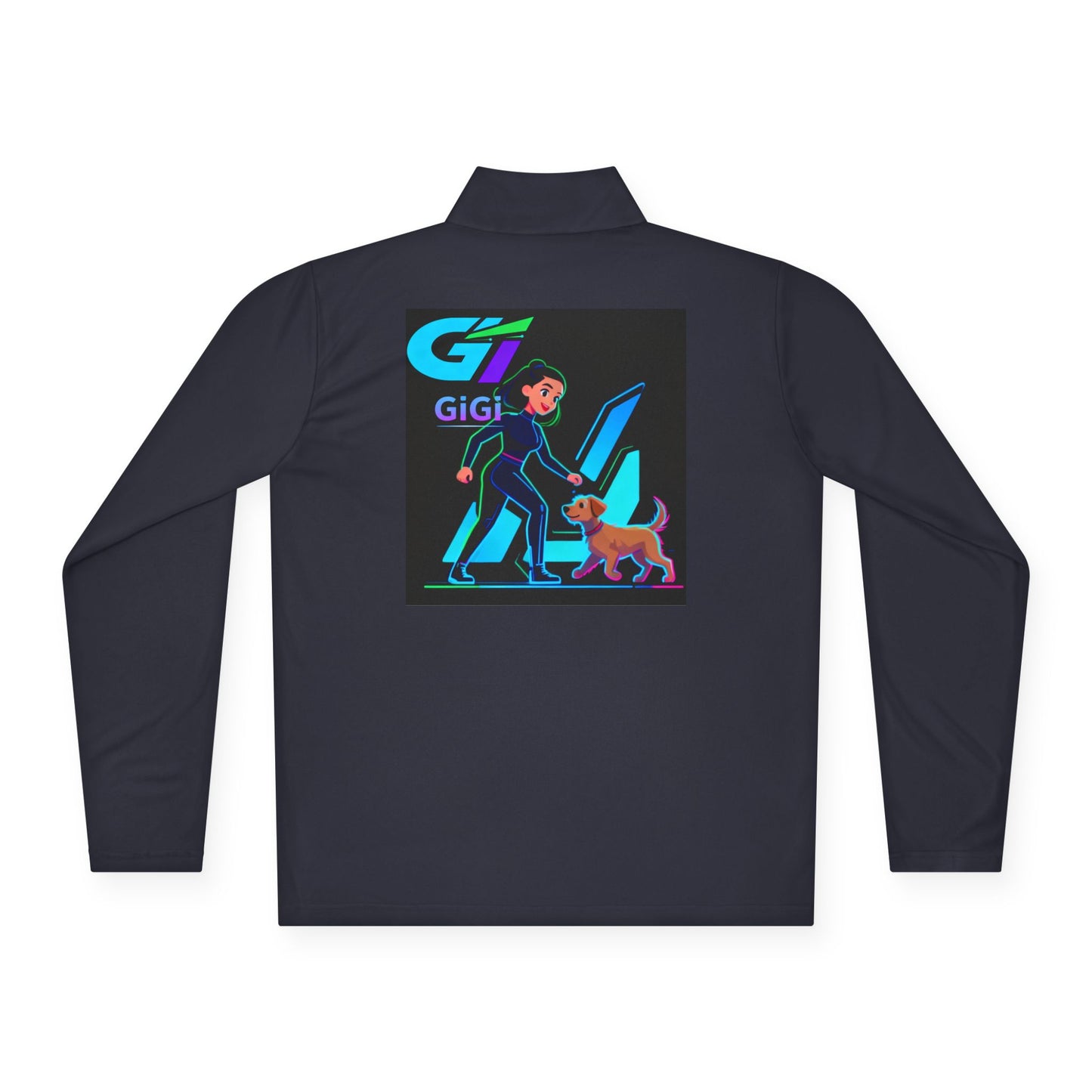 GiGi Logo Quarter-Zip Pullover — Neon Retro Dog Walker Design
