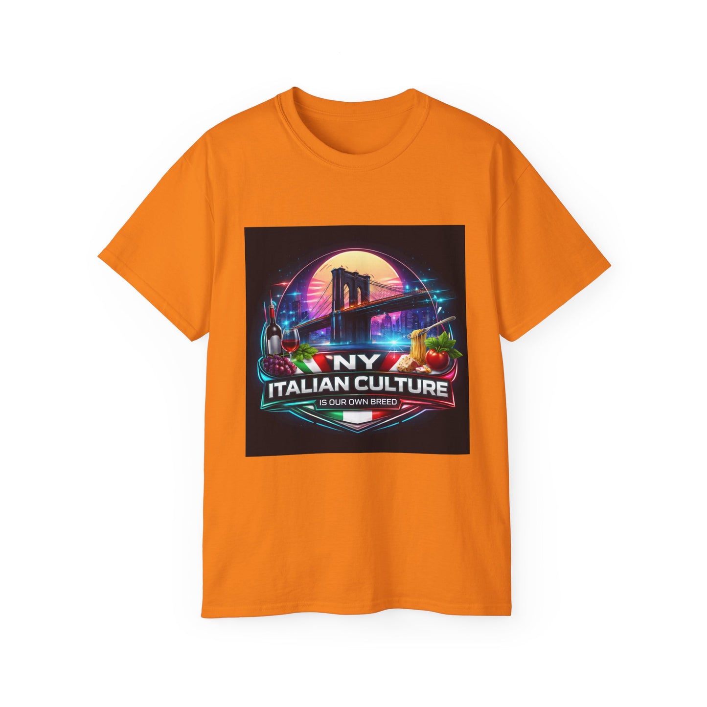 NY Italian Culture T‑Shirt — Retro Neon Brooklyn Bridge Graphic