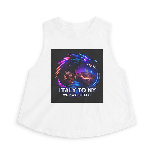 Dragon Logo Crop Top — "Italy to NY We Make It Live" Neon Graphic