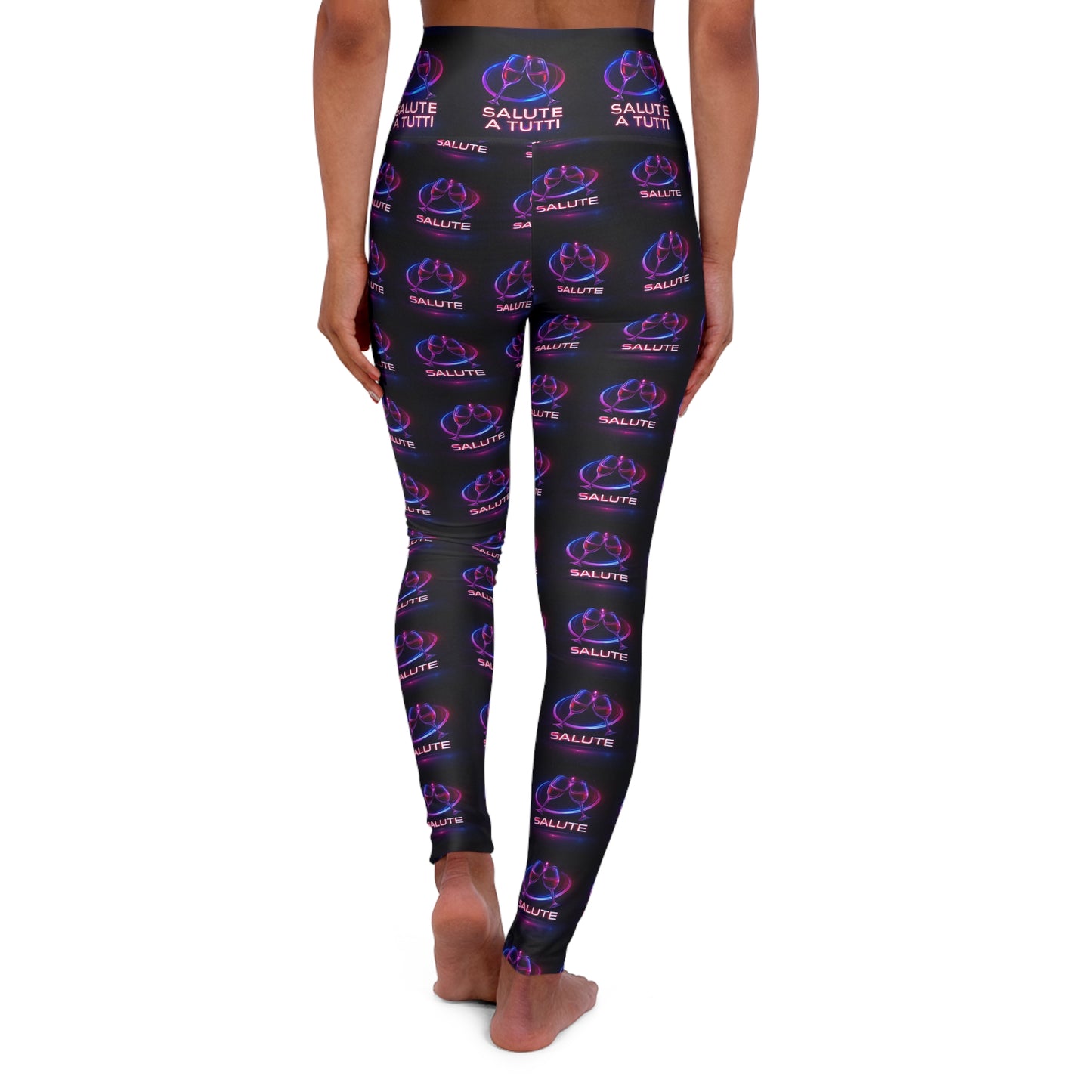 High-Waist Yoga Leggings — Neon ‘Salute a Tutti’ All-Over Print
