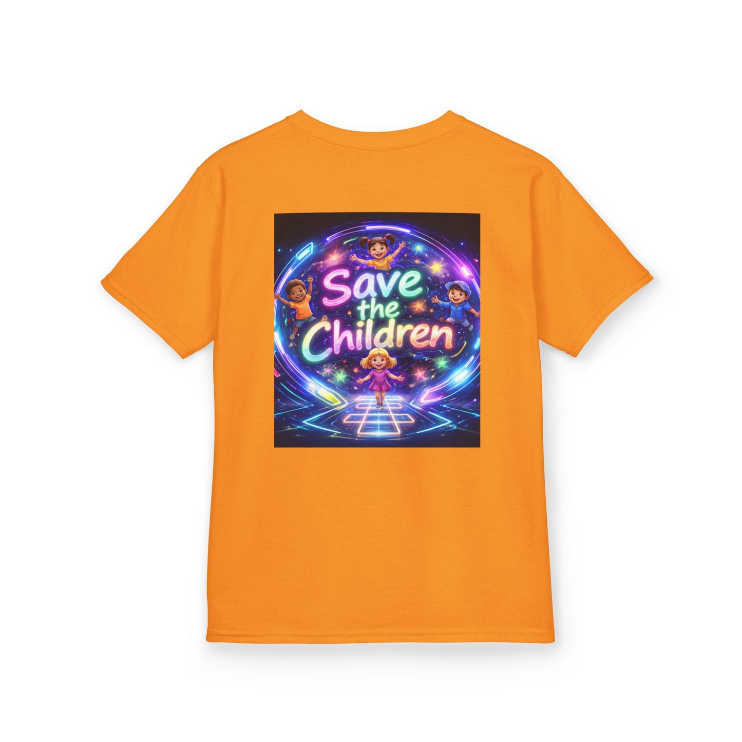 Kids Tee — 'Save the Children' Neon Rainbow Charity Design