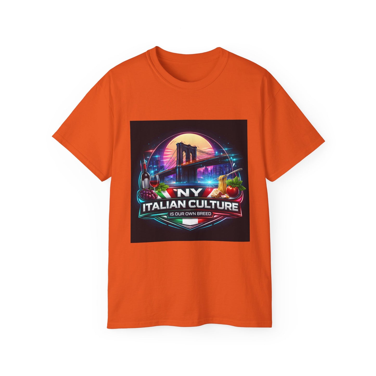 NY Italian Culture T‑Shirt — Retro Neon Brooklyn Bridge Graphic