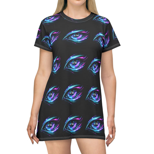 All-Over Print T-Shirt Dress — Neon Mystic Eye Pattern