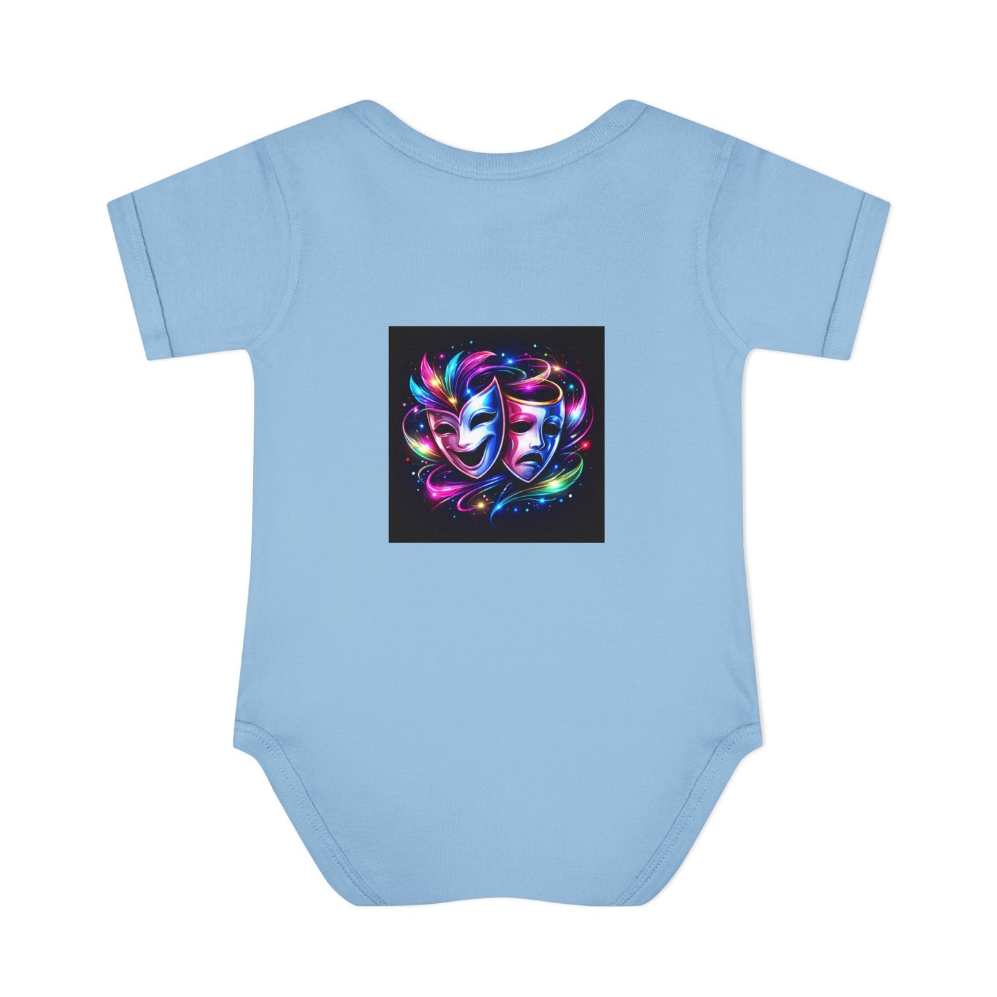 Neon Theatre Masks Infant Bodysuit — Colorful Drama Baby Onesie