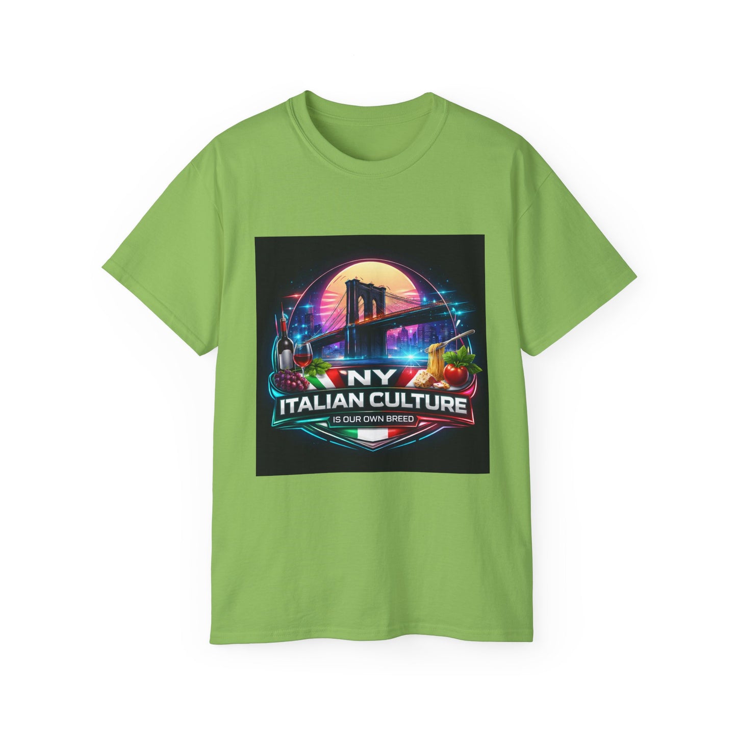 NY Italian Culture T‑Shirt — Retro Neon Brooklyn Bridge Graphic