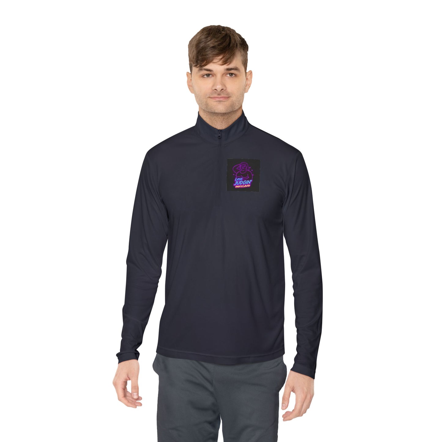 Quarter-Zip Pullover — "Less Judgin’ More Lovin’" Retro Neon Graphic