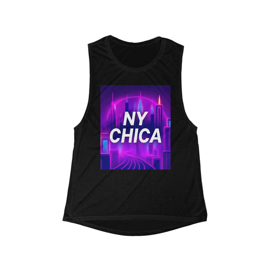 Women's Flowy Scoop Muscle Tank - NY Chica Graphic, Casual Summer Wear, Fashionable Sports Top, Gift for Her, Trendy Urban Style