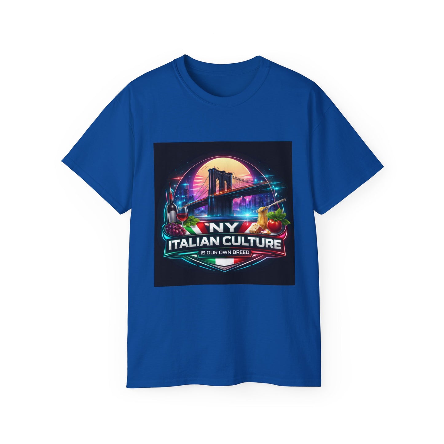 NY Italian Culture T‑Shirt — Retro Neon Brooklyn Bridge Graphic