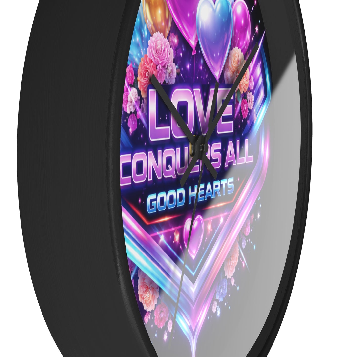 Love Conquers All Wall Clock — Neon Heart Floral Retro Decor