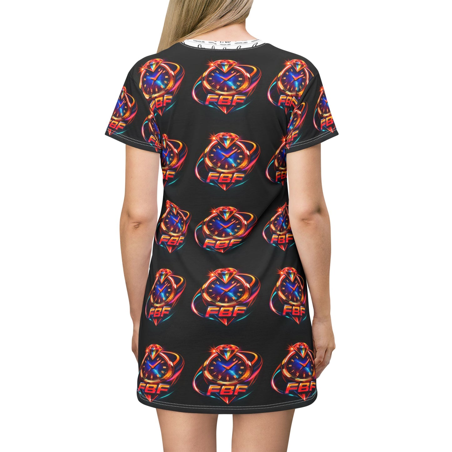 Neon Retro Space Logo T‑Shirt Dress — All‑Over Print Cosmic Graphic