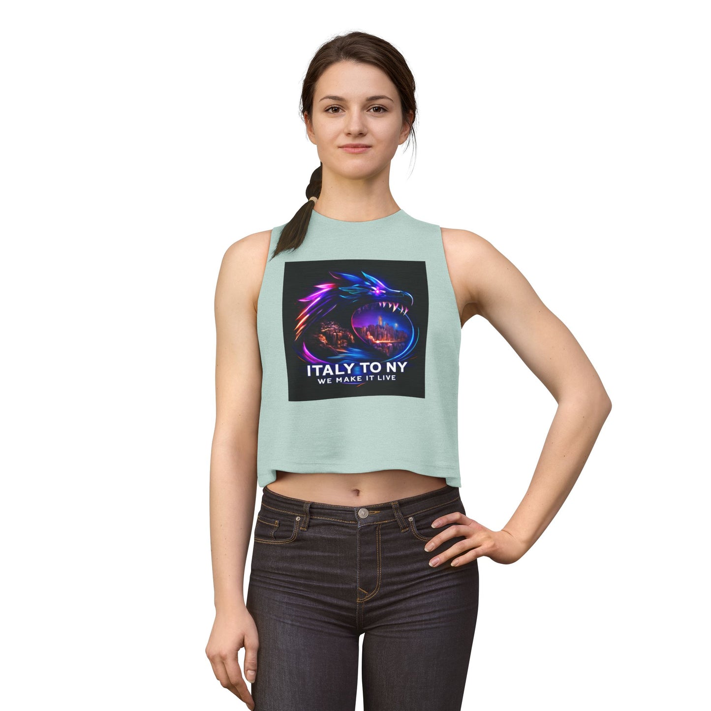 Dragon Logo Crop Top — "Italy to NY We Make It Live" Neon Graphic