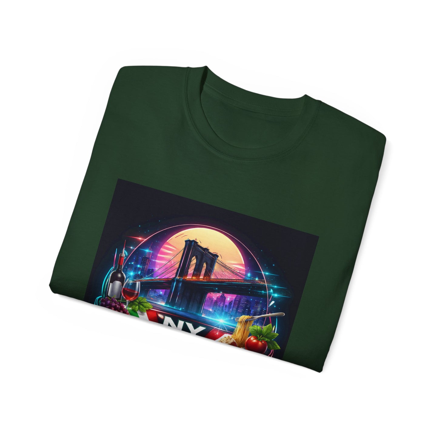 NY Italian Culture T‑Shirt — Retro Neon Brooklyn Bridge Graphic