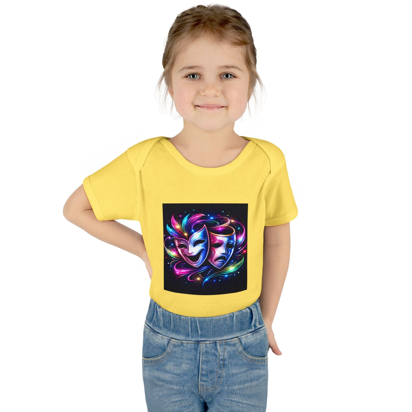 Neon Theatre Masks Infant Bodysuit — Colorful Drama Baby Onesie