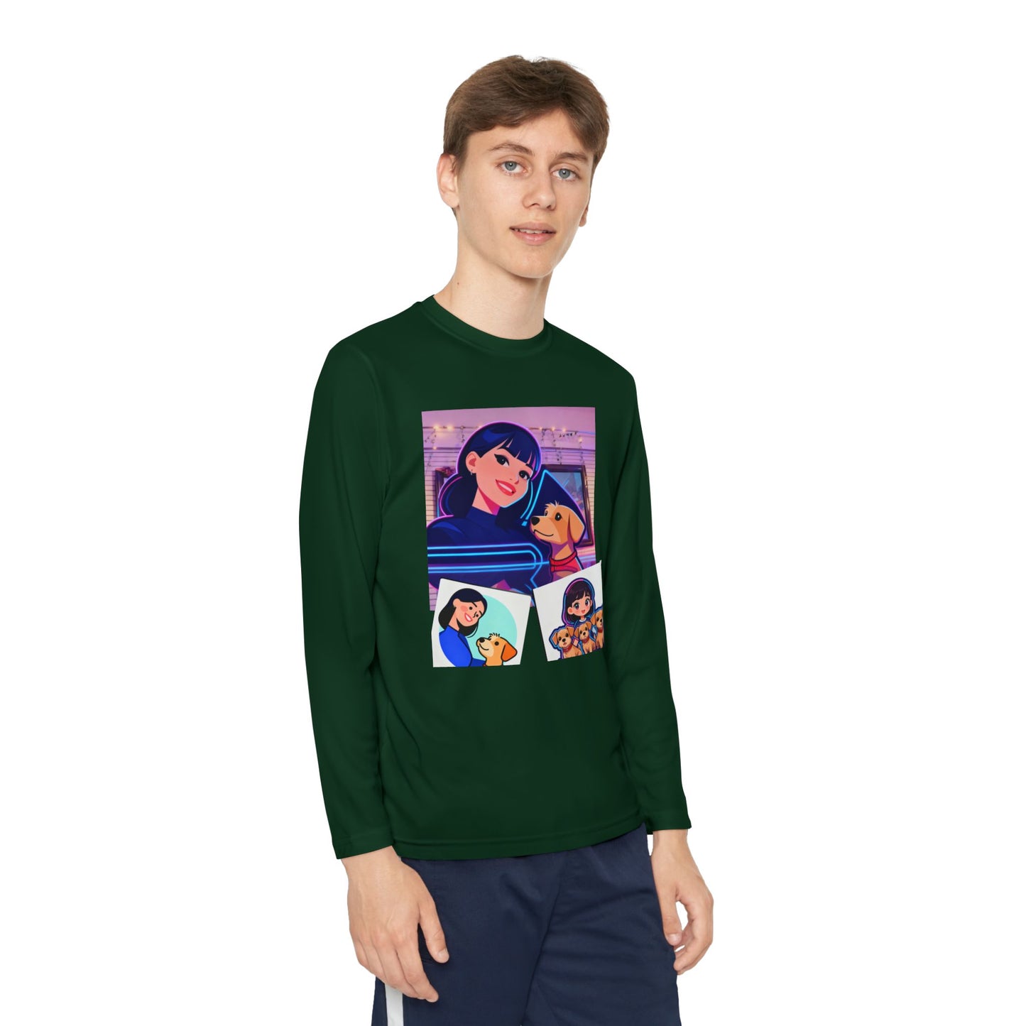 Youth Long Sleeve Tee — Girl Hugging Dog Graphic