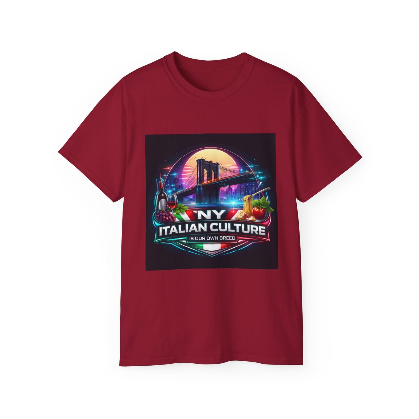 NY Italian Culture T‑Shirt — Retro Neon Brooklyn Bridge Graphic
