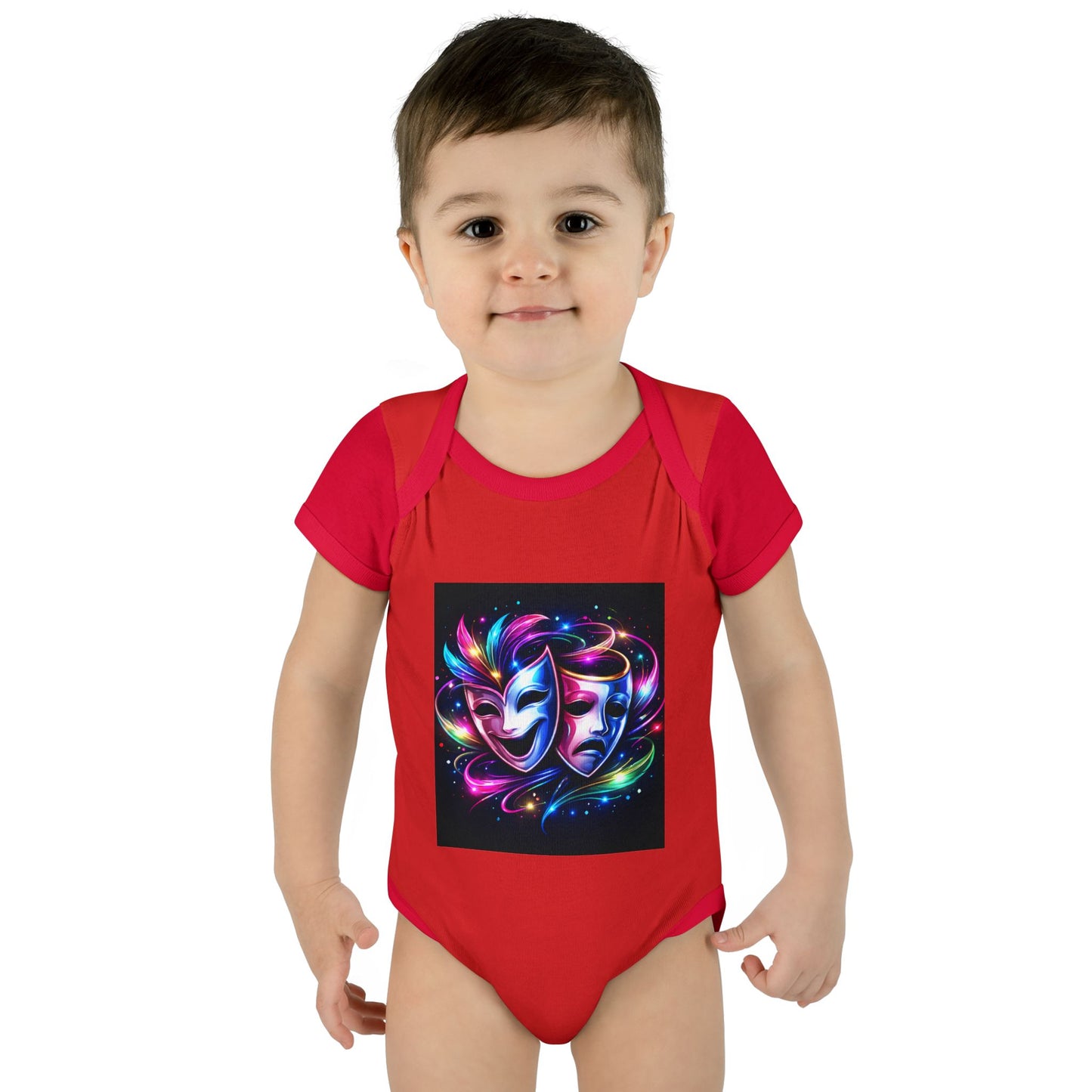 Neon Theatre Masks Infant Bodysuit — Colorful Drama Baby Onesie