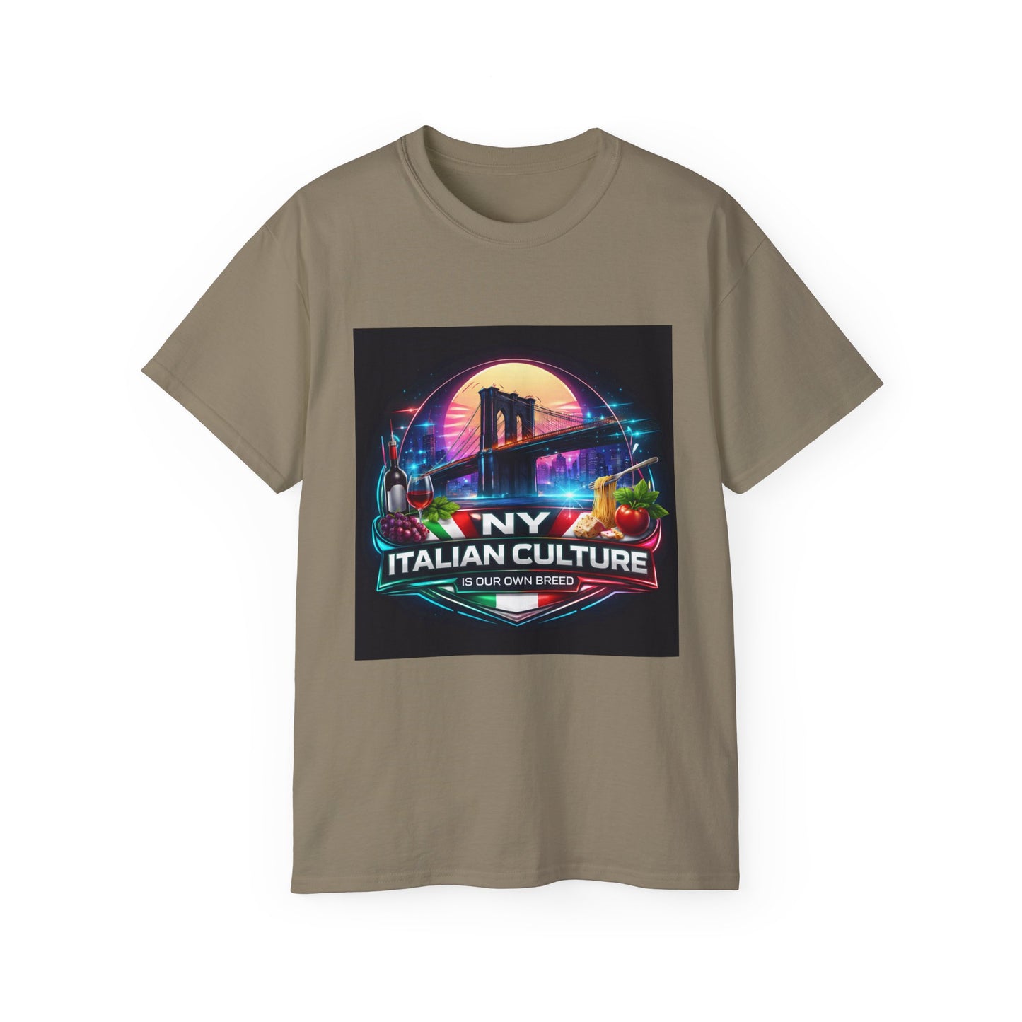 NY Italian Culture T‑Shirt — Retro Neon Brooklyn Bridge Graphic