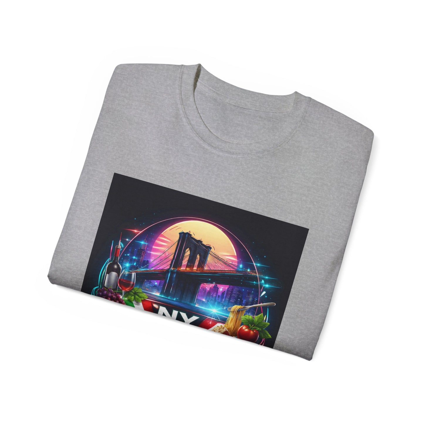 NY Italian Culture T‑Shirt — Retro Neon Brooklyn Bridge Graphic