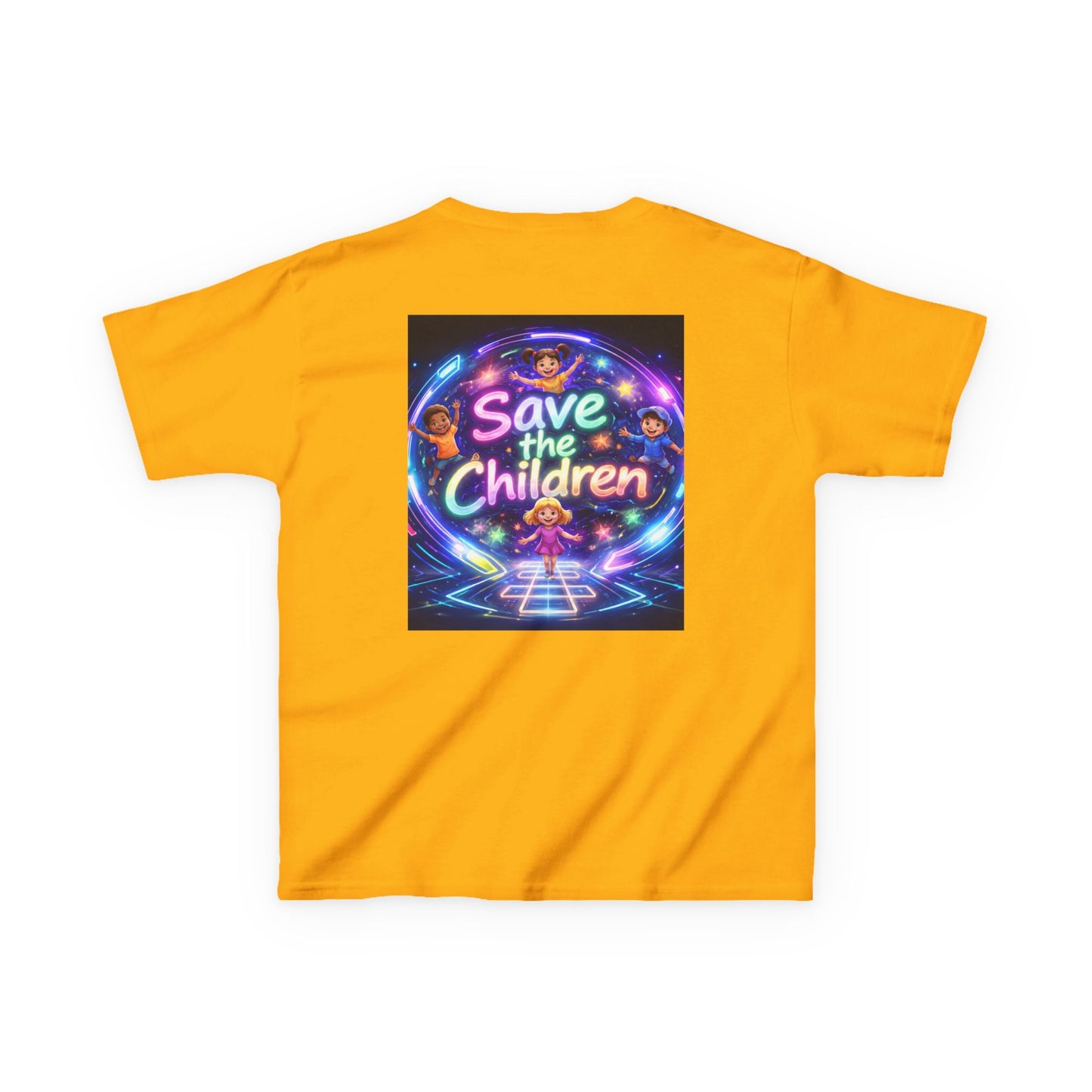 Kids Tee — 'Save the Children' Neon Rainbow Charity Design