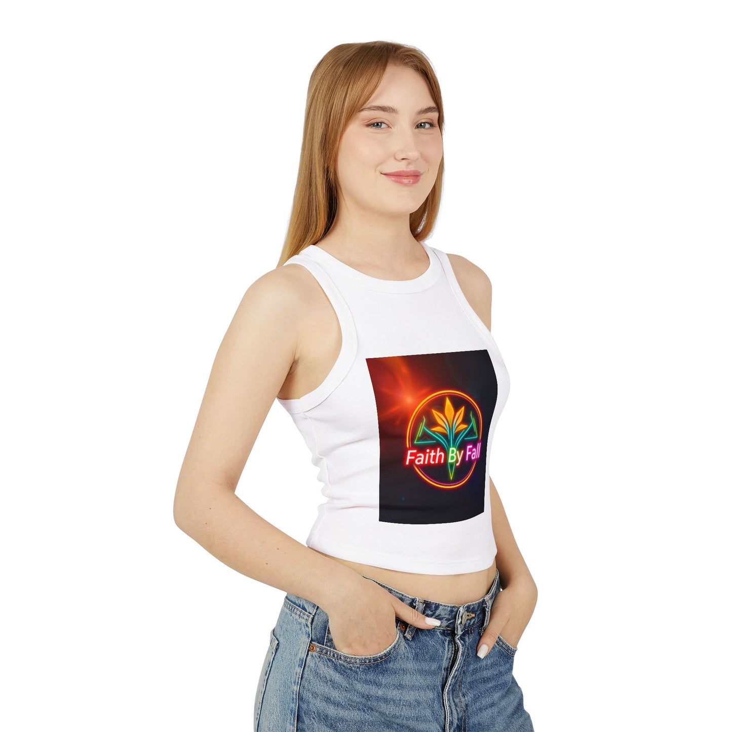 Women's Faith By Fall Racer Tank Top | Crop Top for Summer, Casual Wear, Festival Fashion, Gift for Her, Inspirational Apparel