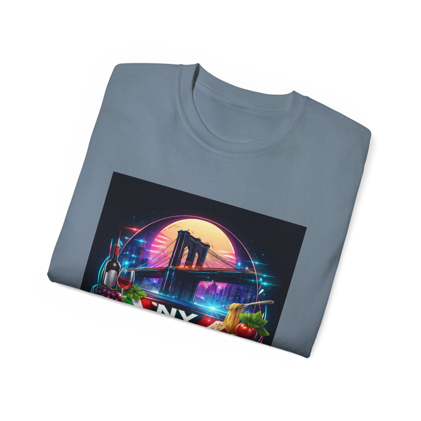 NY Italian Culture T‑Shirt — Retro Neon Brooklyn Bridge Graphic