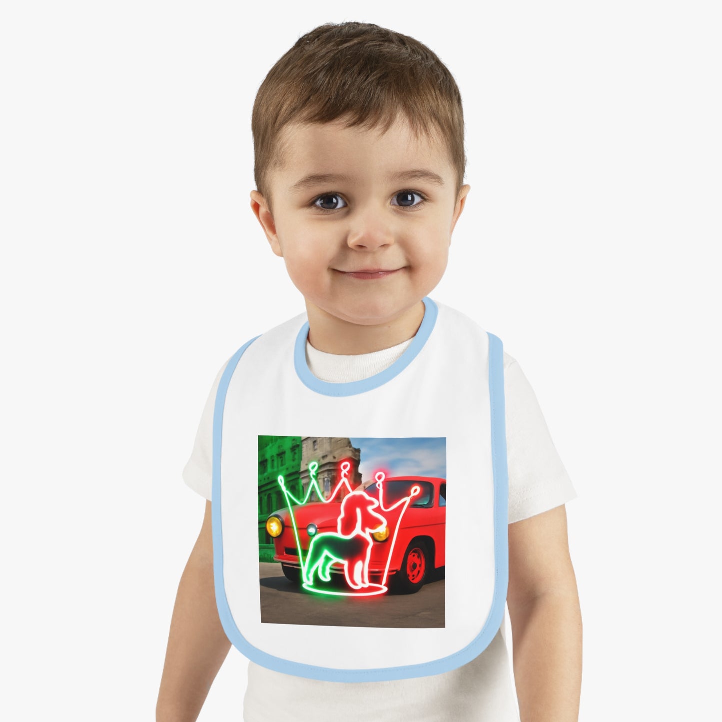 Cute Baby Bib with Neon Dog and Crown Design, Fun Baby Shower Gift, Festive Feeding Bib, Adorable Toddler Accessory, Baby Feeding Essentials