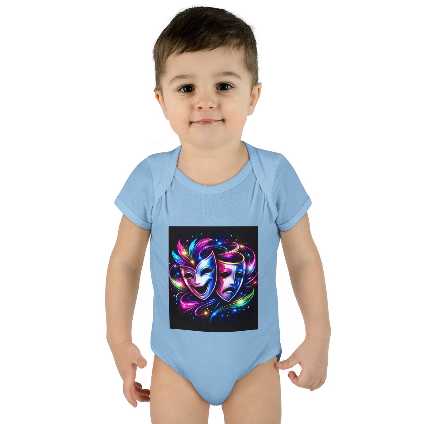 Neon Theatre Masks Infant Bodysuit — Colorful Drama Baby Onesie