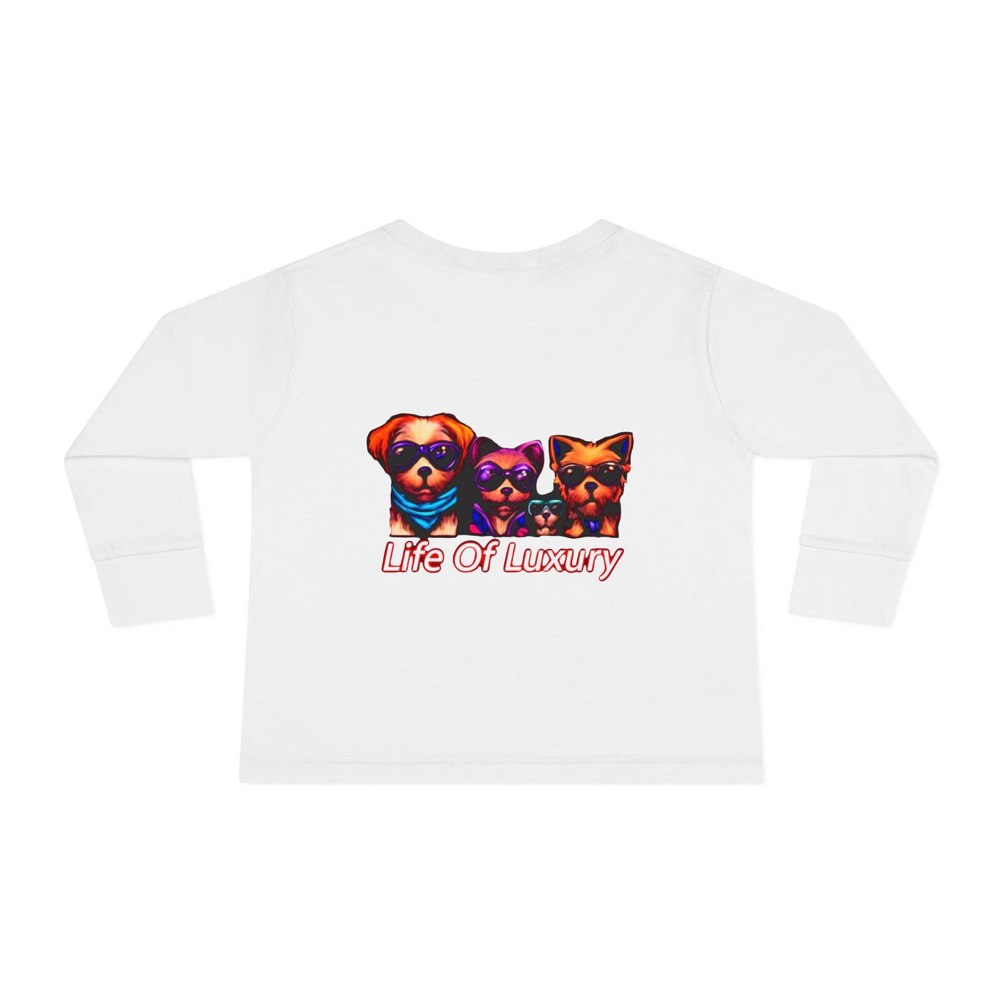 Colorful Toddler Long Sleeve Tee with Fun Dog Design, Life Of Luxury, Cute Pet Shirt, Perfect for Parties, Birthdays, Gift Idea