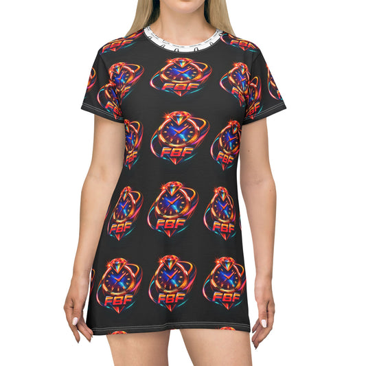 Neon Retro Space Logo T‑Shirt Dress — All‑Over Print Cosmic Graphic