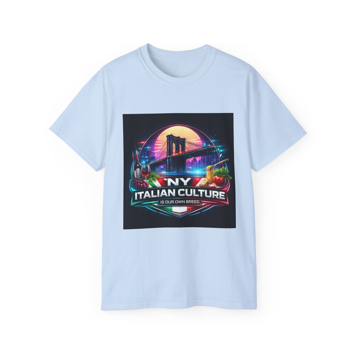 NY Italian Culture T‑Shirt — Retro Neon Brooklyn Bridge Graphic