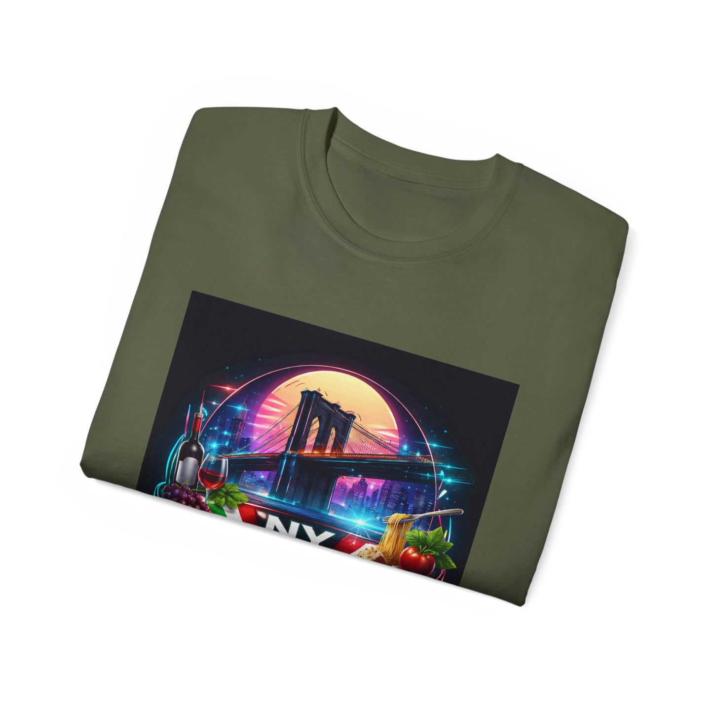 NY Italian Culture T‑Shirt — Retro Neon Brooklyn Bridge Graphic