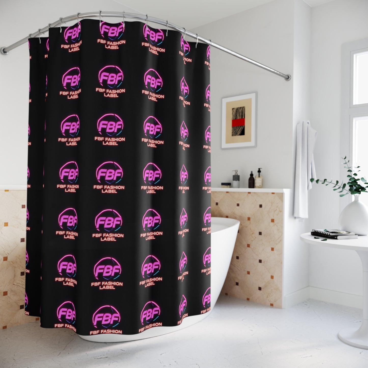 FBF Fashion Label Shower Curtain - Bold Neon Decor, Modern Bathroom Accessory, Unique Home Gift, Trendy Shower Decor, Vibrant Wall Art