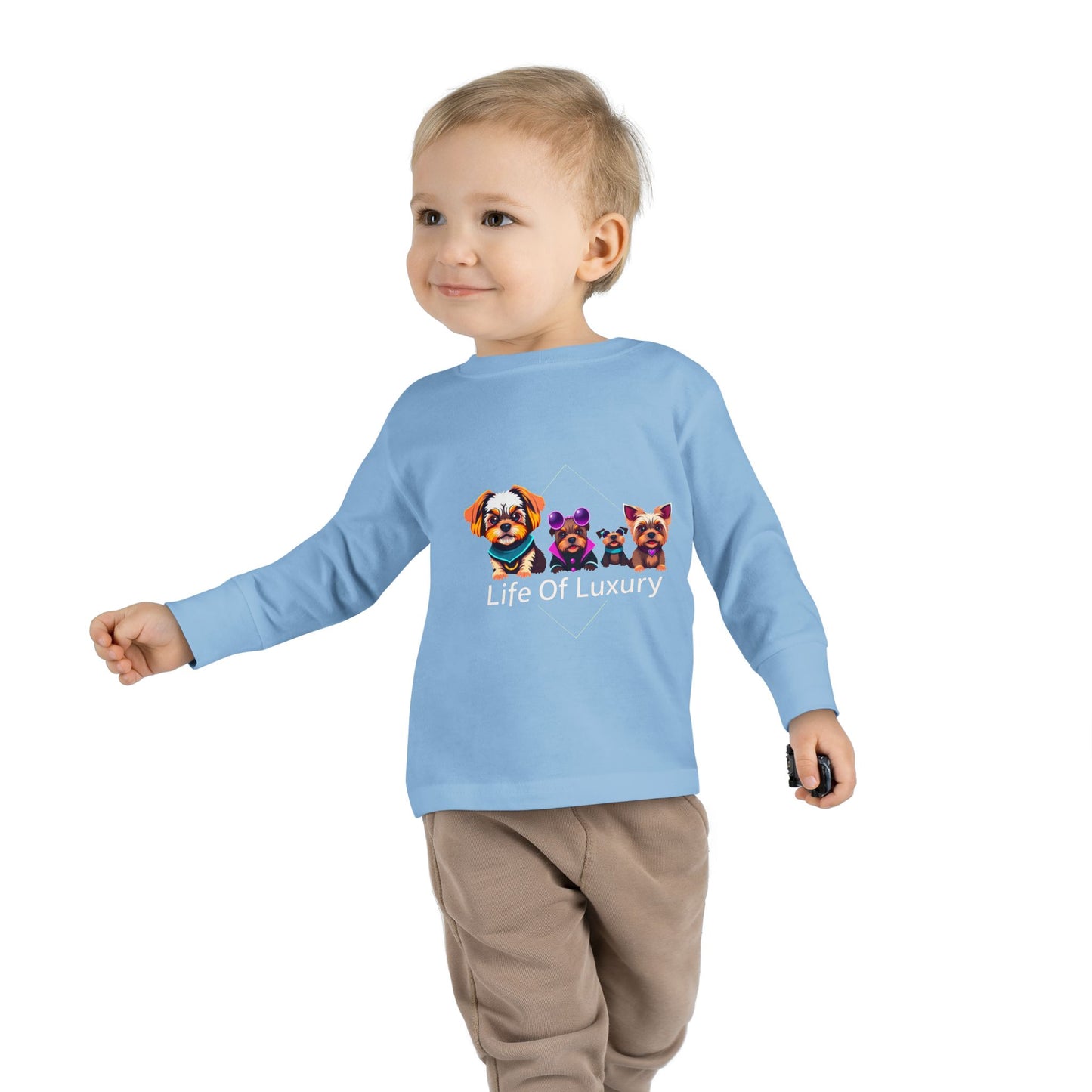 Colorful Toddler Long Sleeve Tee with Fun Dog Design, Life Of Luxury, Cute Pet Shirt, Perfect for Parties, Birthdays, Gift Idea