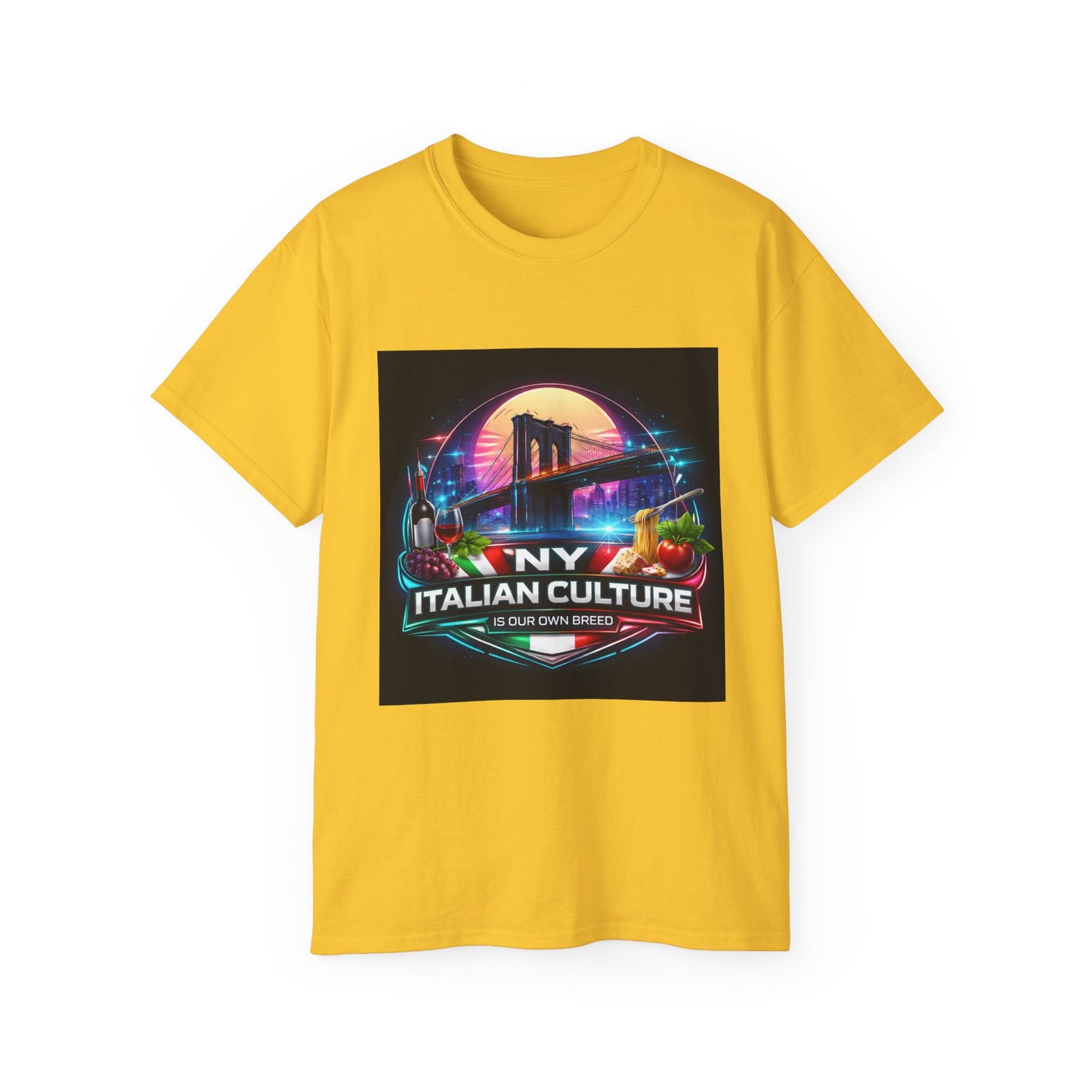 NY Italian Culture T‑Shirt — Retro Neon Brooklyn Bridge Graphic