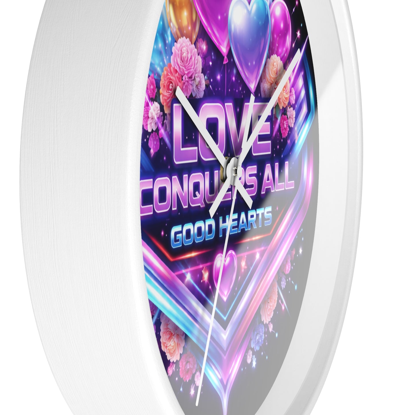 Love Conquers All Wall Clock — Neon Heart Floral Retro Decor