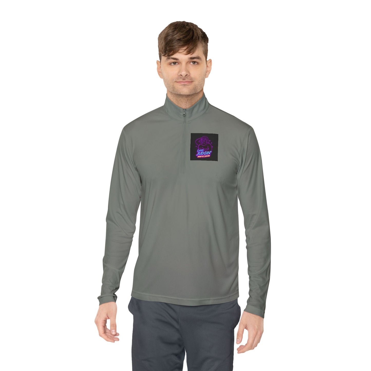 Quarter-Zip Pullover — "Less Judgin’ More Lovin’" Retro Neon Graphic