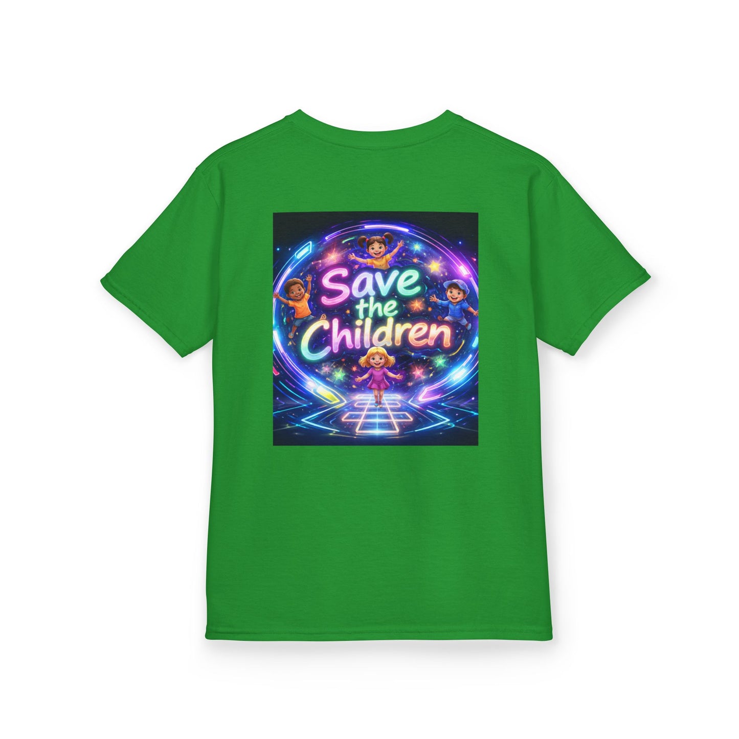 Kids Tee — 'Save the Children' Neon Rainbow Charity Design