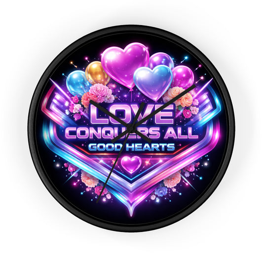 Love Conquers All Wall Clock — Neon Heart Floral Retro Decor